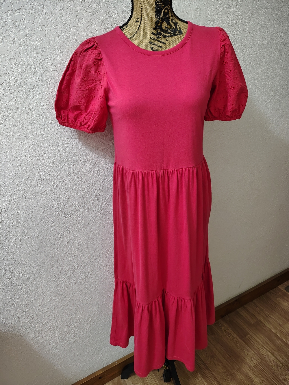 J.Crew Oversized Puff Eyelet Sleeve Knit Midi Dress Women's XS Pinkish Coral